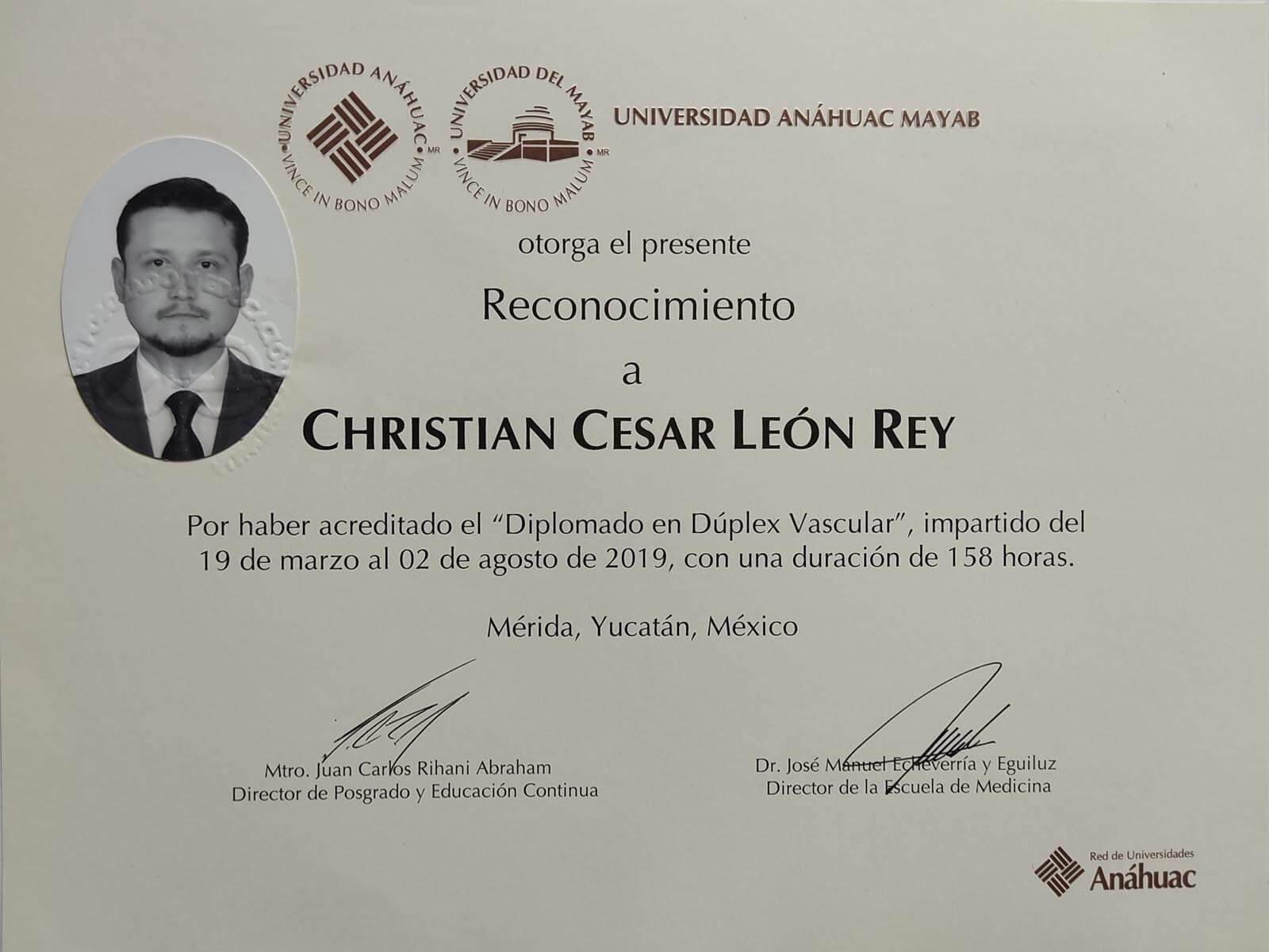 Reconocimiento diplomado duplex vascular - Dr. Christian César León Rey