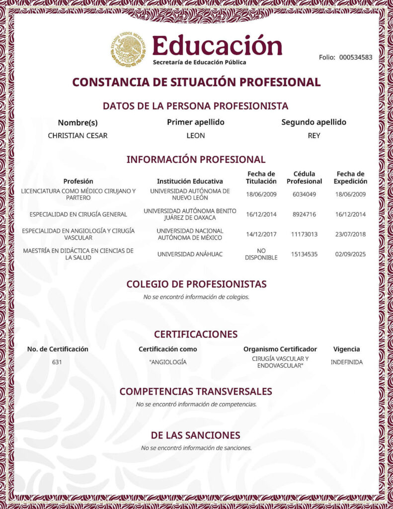 Constancia de Situación Profesional del Dr. Christian César León Rey